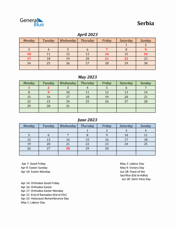 Q2 2023 Holiday Calendar - Serbia