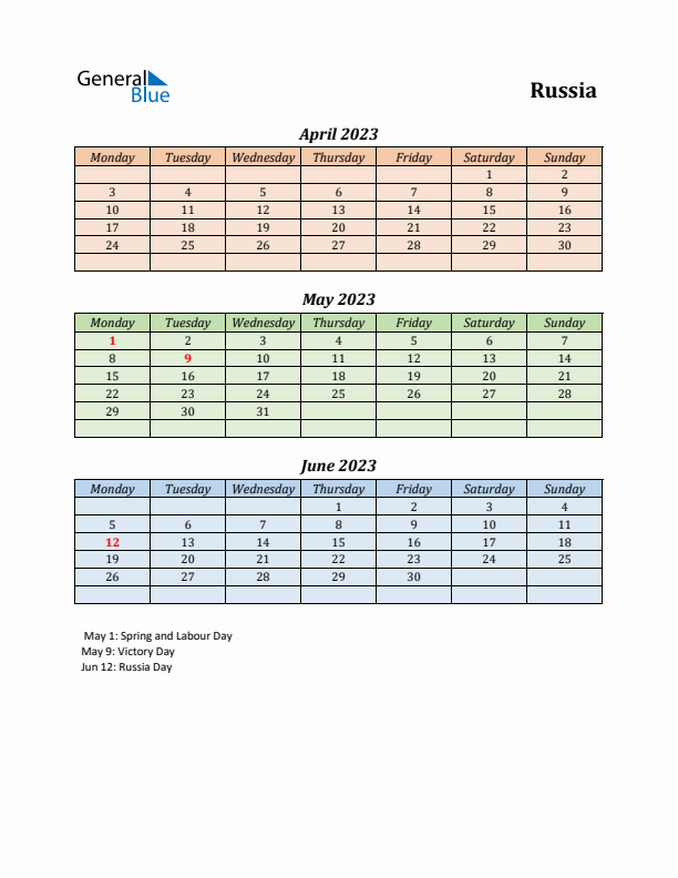 Q2 2023 Holiday Calendar - Russia