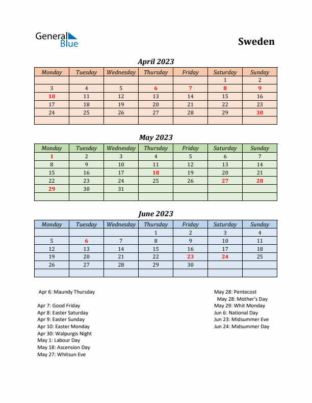 Q2 2023 Holiday Calendar - Sweden