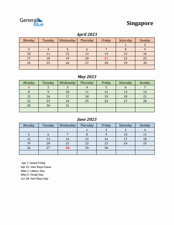 Q2 2023 Holiday Calendar - Singapore