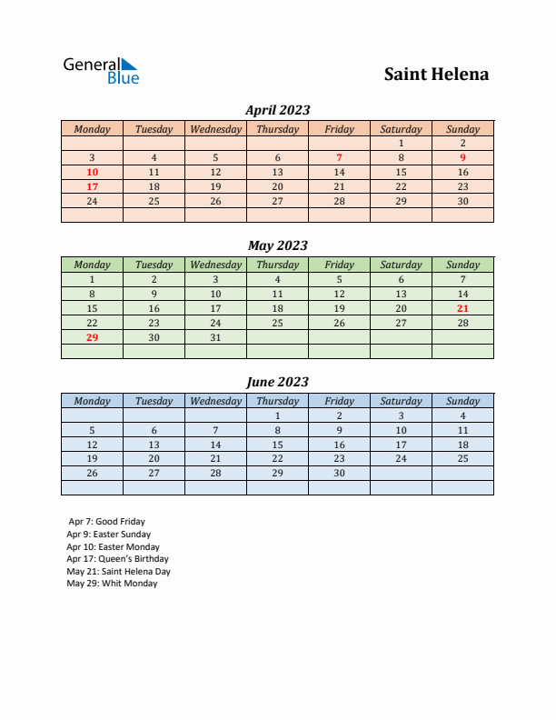 Q2 2023 Holiday Calendar - Saint Helena