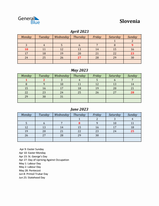 Q2 2023 Holiday Calendar - Slovenia