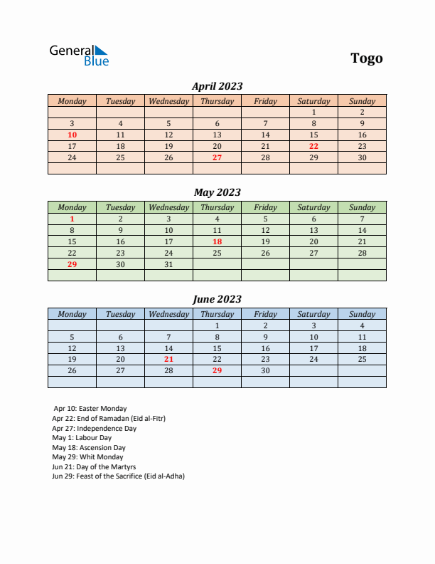 Q2 2023 Holiday Calendar - Togo