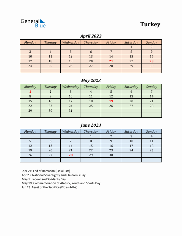 Q2 2023 Holiday Calendar - Turkey