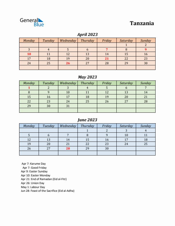 Q2 2023 Holiday Calendar - Tanzania