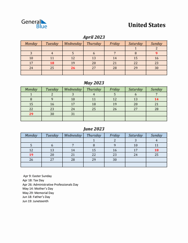 Q2 2023 Holiday Calendar - United States