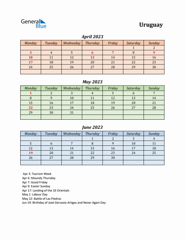 Q2 2023 Holiday Calendar - Uruguay