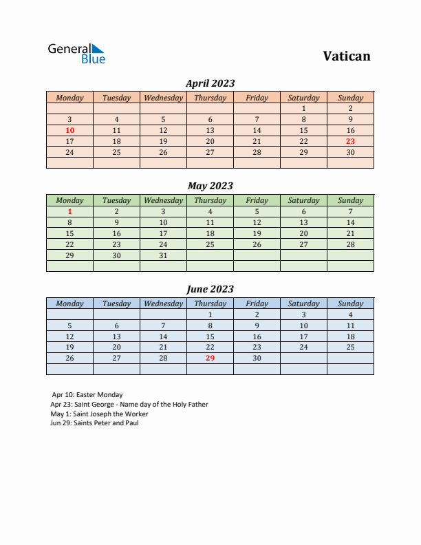 Q2 2023 Holiday Calendar - Vatican