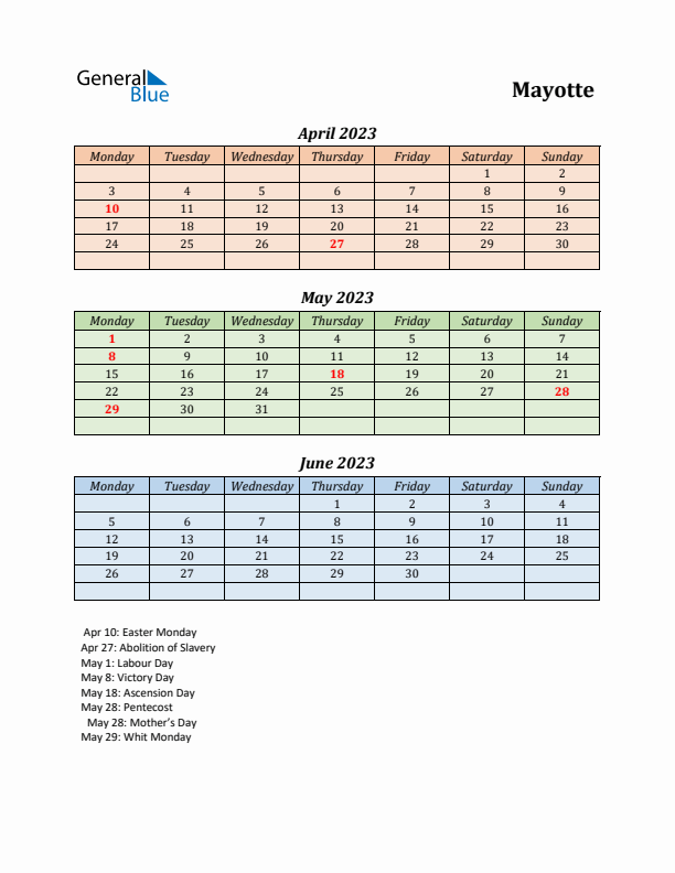 Q2 2023 Holiday Calendar - Mayotte