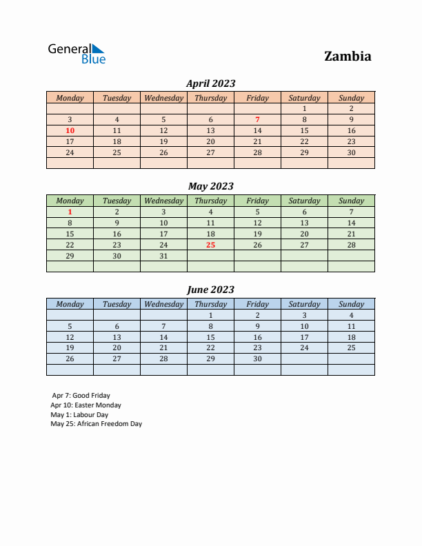 Q2 2023 Holiday Calendar - Zambia