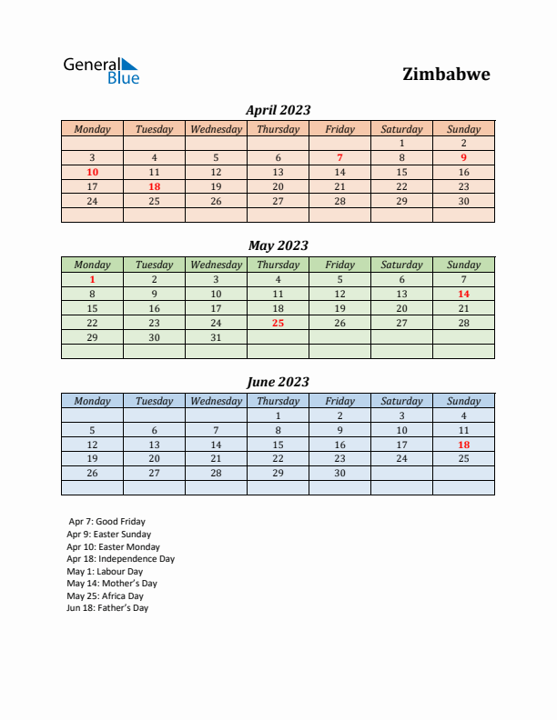 Q2 2023 Holiday Calendar - Zimbabwe