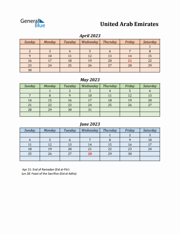 Q2 2023 Holiday Calendar - United Arab Emirates