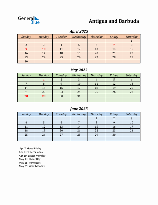 Q2 2023 Holiday Calendar - Antigua and Barbuda