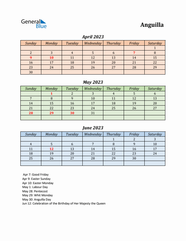 Q2 2023 Holiday Calendar - Anguilla