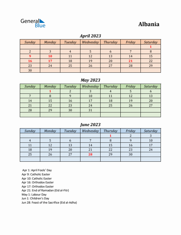 Q2 2023 Holiday Calendar - Albania