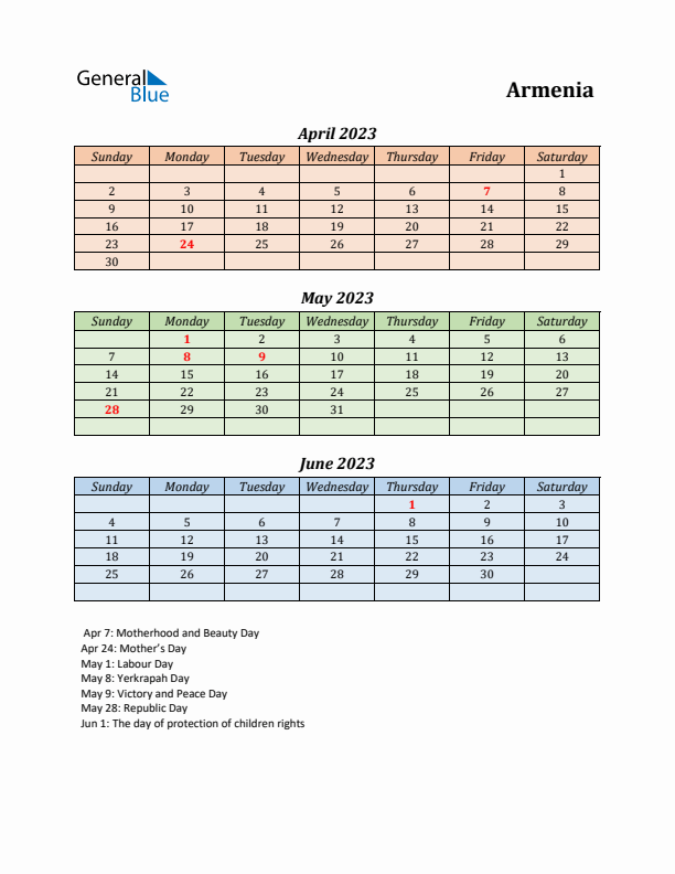 Q2 2023 Holiday Calendar - Armenia