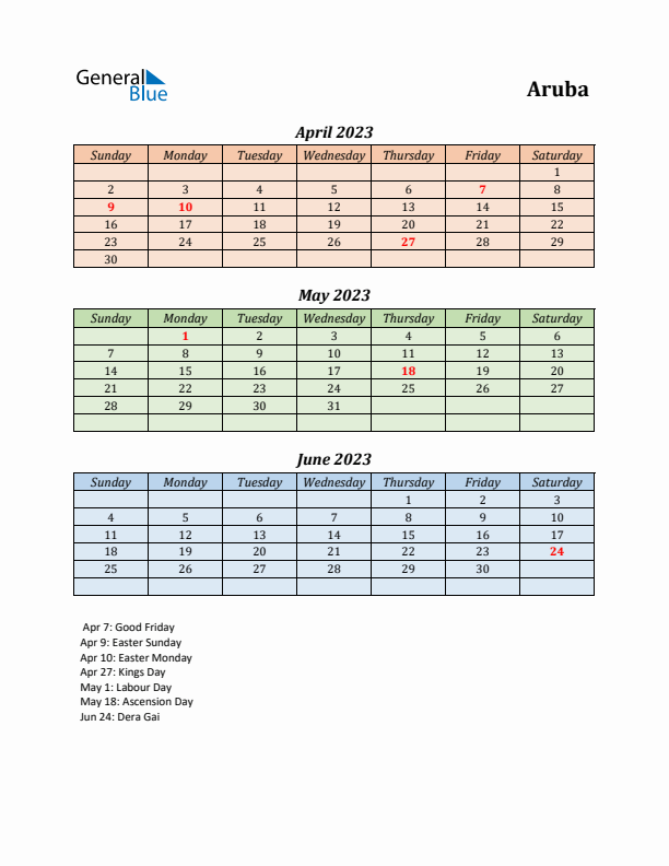 Q2 2023 Holiday Calendar - Aruba