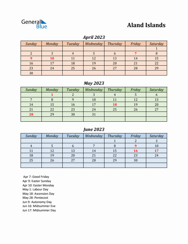 Q2 2023 Holiday Calendar - Aland Islands