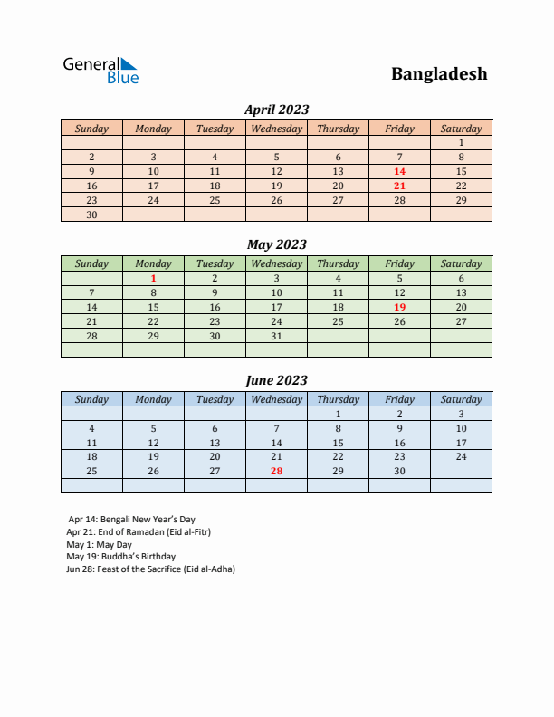 Q2 2023 Holiday Calendar - Bangladesh