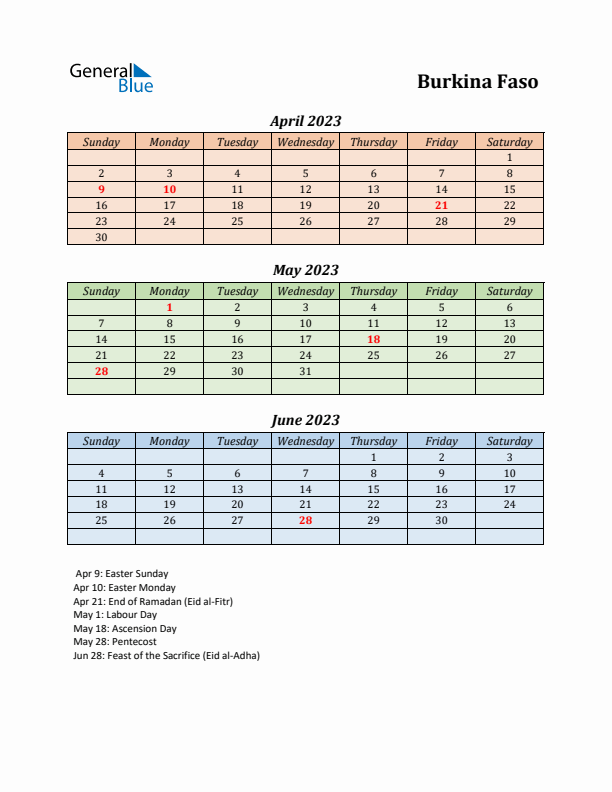 Q2 2023 Holiday Calendar - Burkina Faso