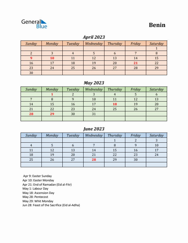 Q2 2023 Holiday Calendar - Benin