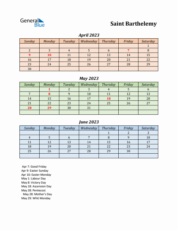 Q2 2023 Holiday Calendar - Saint Barthelemy