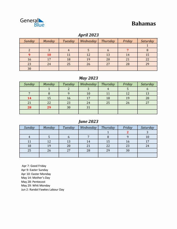 Q2 2023 Holiday Calendar - Bahamas