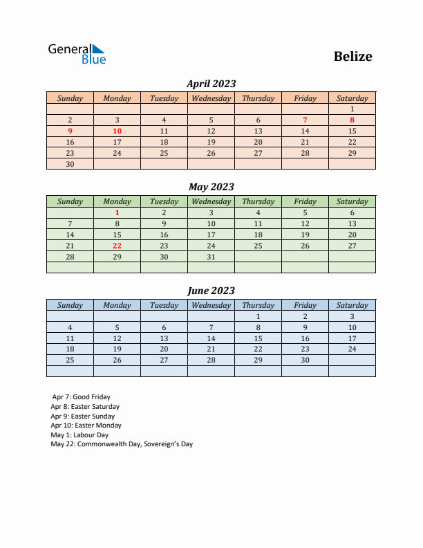 Q2 2023 Holiday Calendar - Belize