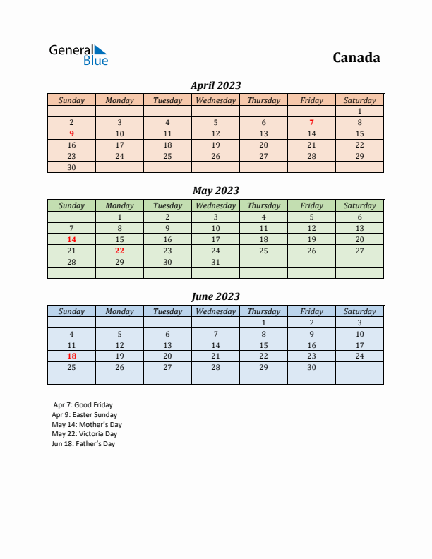 Q2 2023 Holiday Calendar - Canada