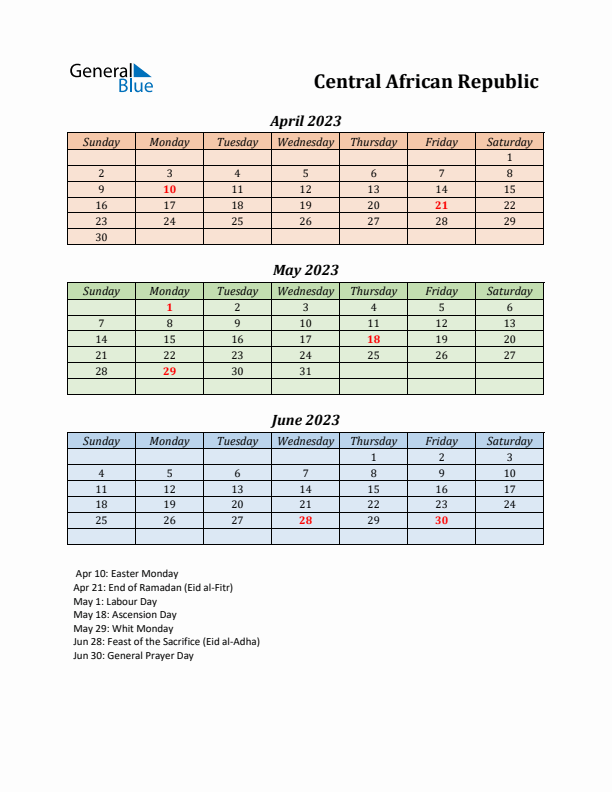 Q2 2023 Holiday Calendar - Central African Republic