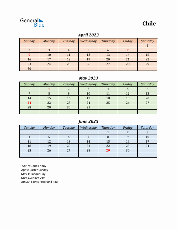 Q2 2023 Holiday Calendar - Chile