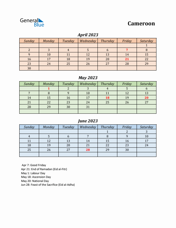 Q2 2023 Holiday Calendar - Cameroon