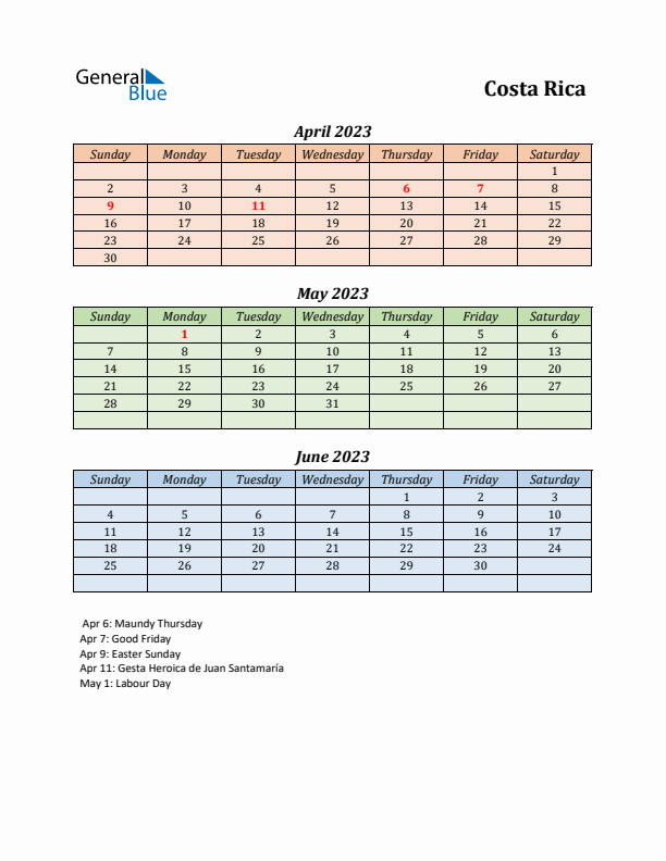 Q2 2023 Holiday Calendar - Costa Rica