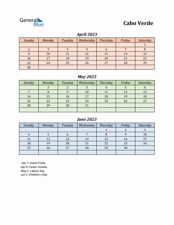 Q2 2023 Holiday Calendar - Cabo Verde