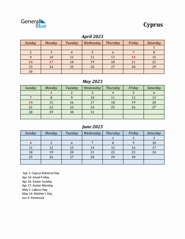 Q2 2023 Holiday Calendar - Cyprus