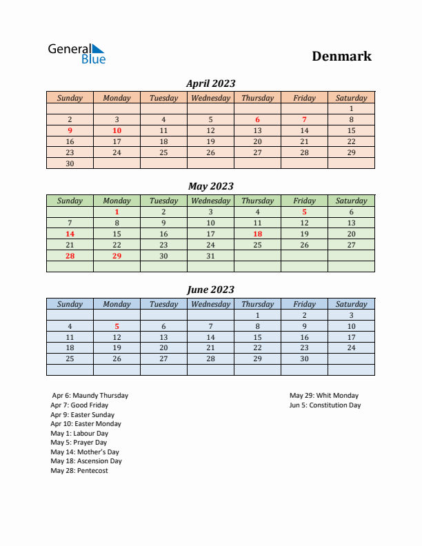 Q2 2023 Holiday Calendar - Denmark