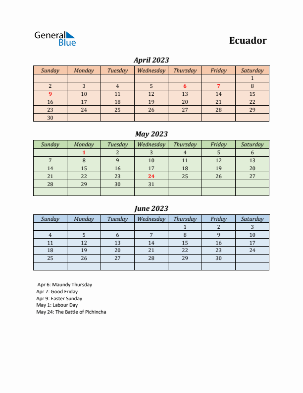 Q2 2023 Holiday Calendar - Ecuador