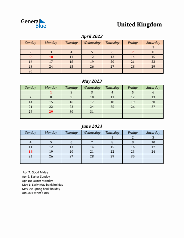 Q2 2023 Holiday Calendar - United Kingdom