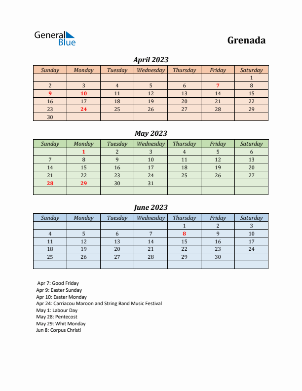 Q2 2023 Holiday Calendar - Grenada