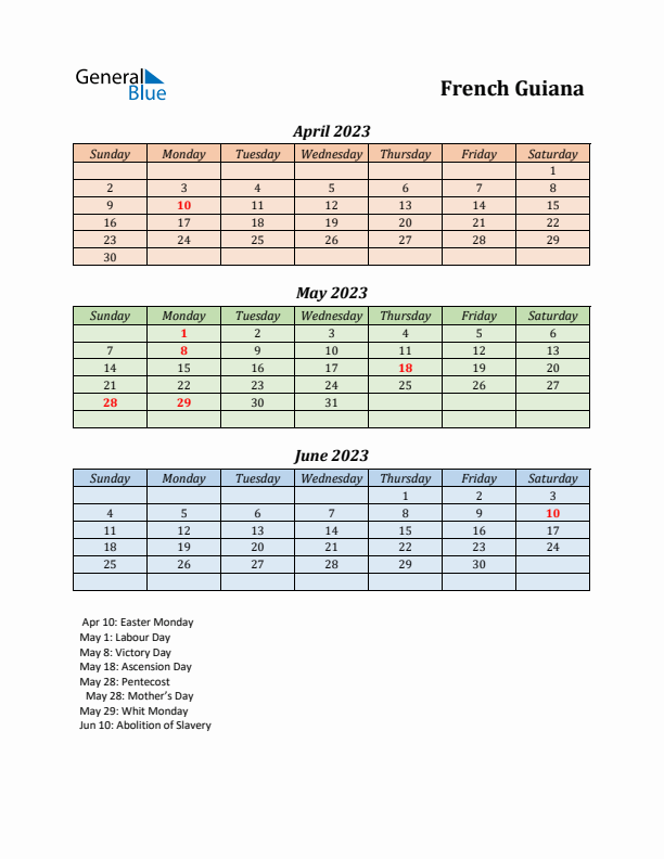 Q2 2023 Holiday Calendar - French Guiana