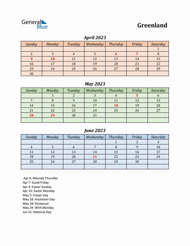 Q2 2023 Holiday Calendar - Greenland