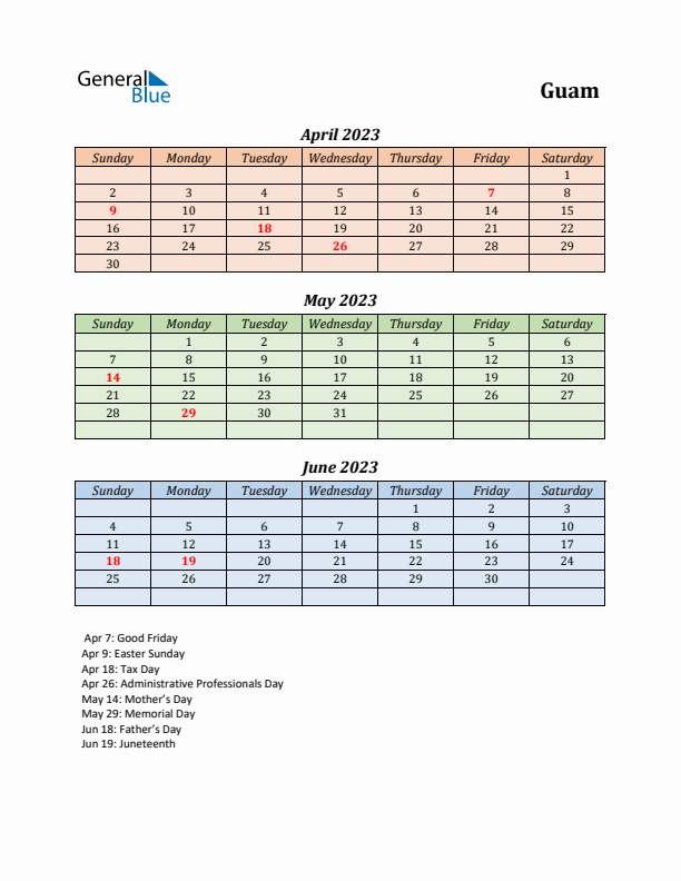 Q2 2023 Holiday Calendar - Guam