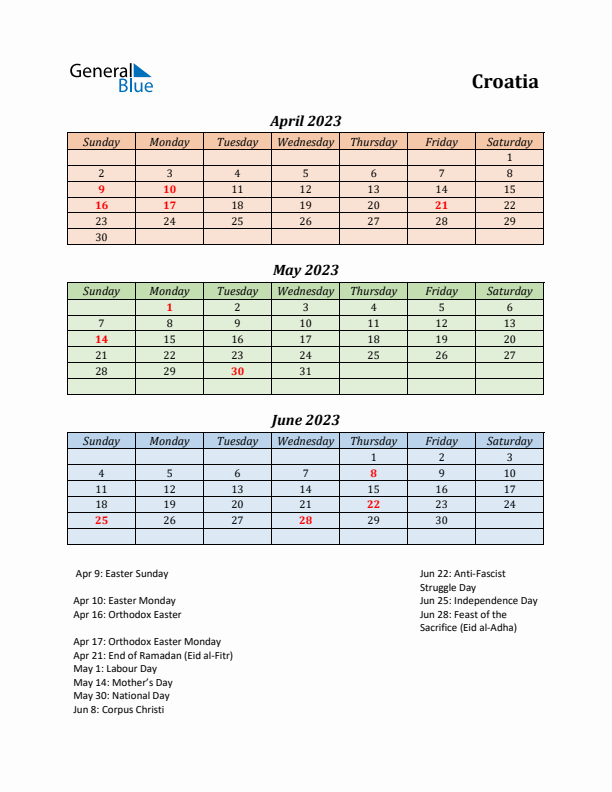 Q2 2023 Holiday Calendar - Croatia