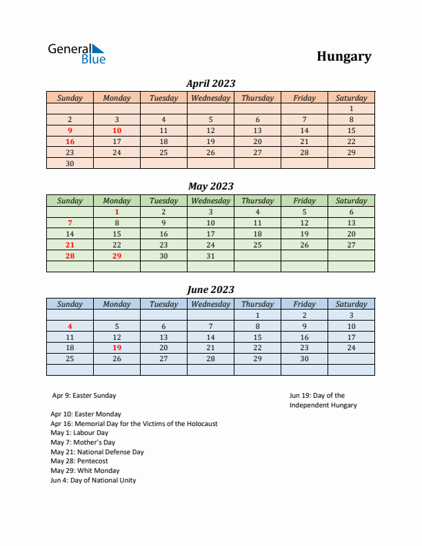 Q2 2023 Holiday Calendar - Hungary