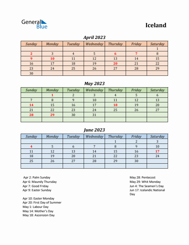 Q2 2023 Holiday Calendar - Iceland