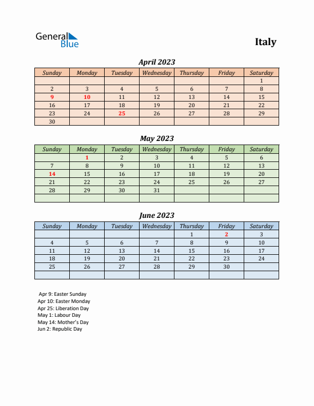 Q2 2023 Holiday Calendar - Italy