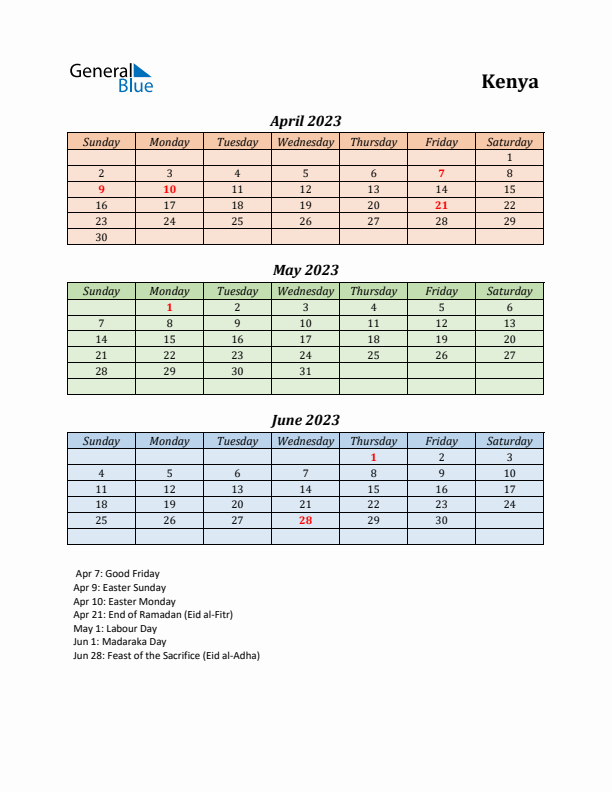 Q2 2023 Holiday Calendar - Kenya