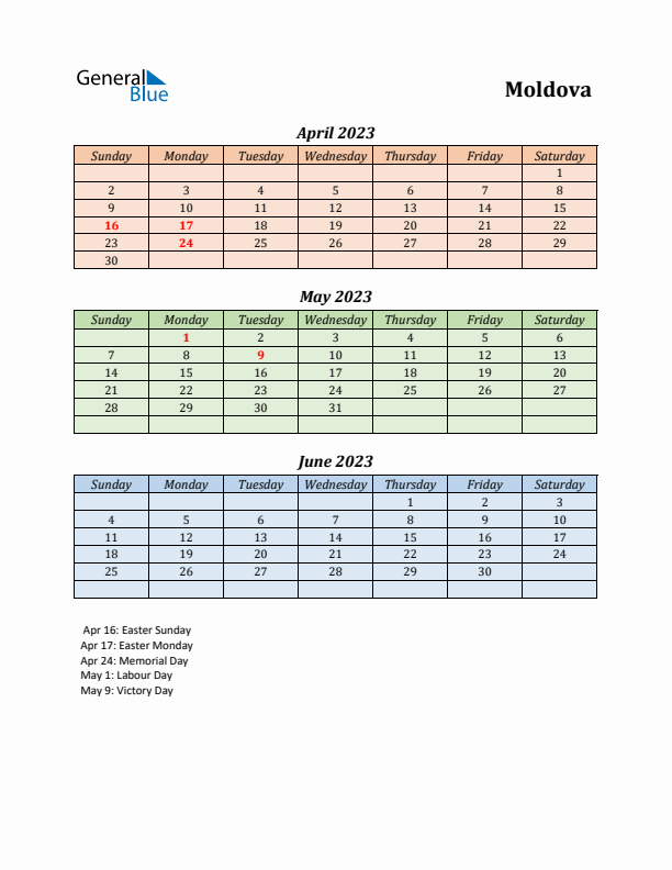 Q2 2023 Holiday Calendar - Moldova