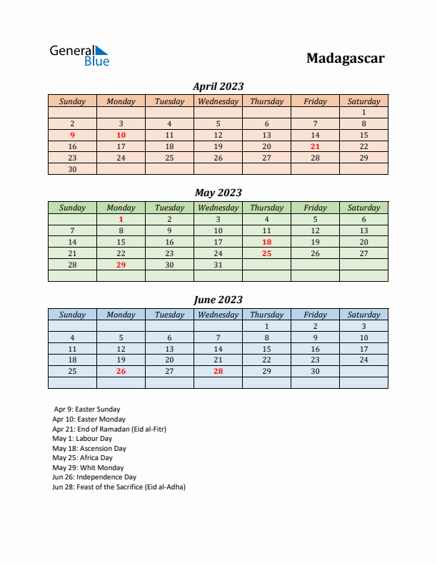 Q2 2023 Holiday Calendar - Madagascar