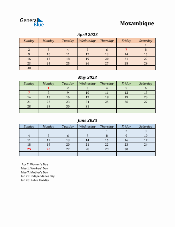 Q2 2023 Holiday Calendar - Mozambique